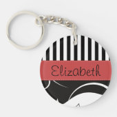 Porte-clés Damas français, bandes, noir et blanc, Votre nom (Devant)