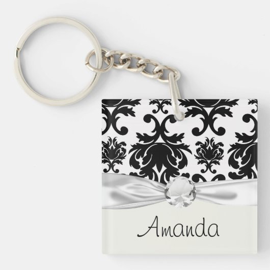 Porte-clés damask noir et blanc formel orné (Devant)