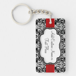 Porte-clés Damassé noir/blanc Ruban rouge