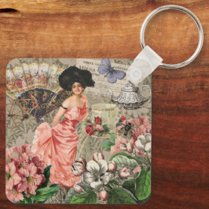 Porte-clés Dame de café femme victorienne rose riche robe