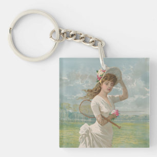 Porte-clés Dame de tennis victorienne avec chapeau à fleurs A