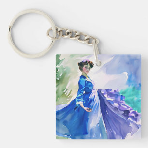 Porte-clés Dame en robe bleue - Peinture à l'aquarelle