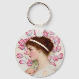 Porte-clés Dame en robe classique avec tulipes roses