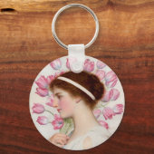 Porte-clés Dame en robe classique avec tulipes roses (Recto)