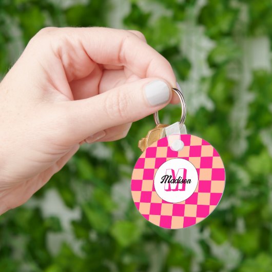 Porte-clés Damier pêche rose chaud géométrique rétro Monogram (main)
