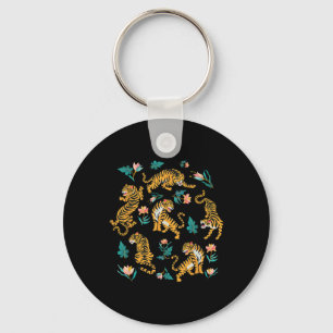Porte-clés Dancing Tigers Dessin Graphique Asiatique - Noir