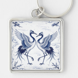 Porte-clés Danse de la grue Style Imari japonais bleu blanc