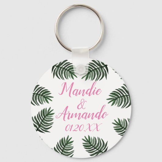 Porte-clés Date de mariage de la verdure tropicale des couple (Recto)