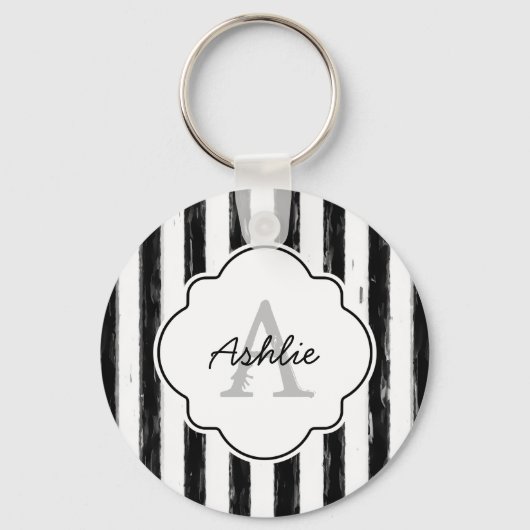 Porte-clés Décontracté Black Peint Stripes Monogramme et nom (Recto)