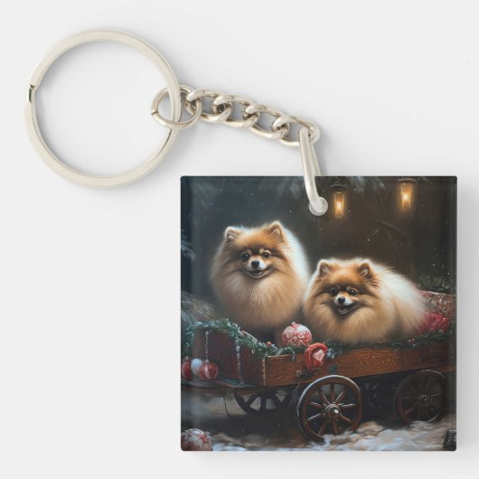 Porte-clés Décor de Noël Chariot enneigé Spitz Nain (Devant)