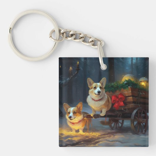 Porte-clés Décor de Noël Corgi Snowy Sleigh (Devant)