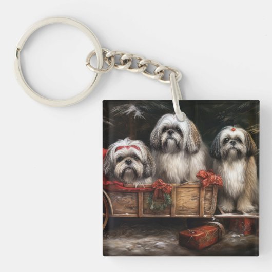 Porte-clés Décor de Noël Lhasa Apso Snowy Sleigh (Devant)