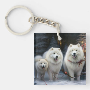 Porte-clés Décor de Noël Samoyed Snowy Sleigh