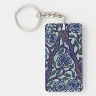 Porte-clés Décor floral de rose Art déco bleu royal et or