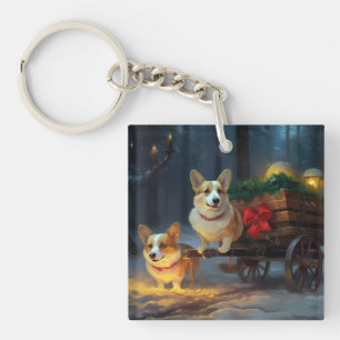Porte-clés Décoration de Noël Chariot Corgi enneigé