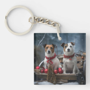 Porte-clés Décoration de Noël de traîneau enneigé Jack Russel