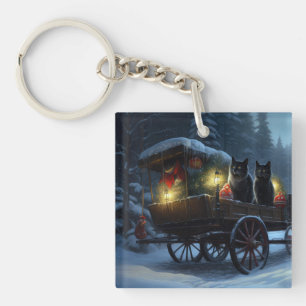 Porte-clés Décoration de Noël Traîneau enneigé de Chat Noir