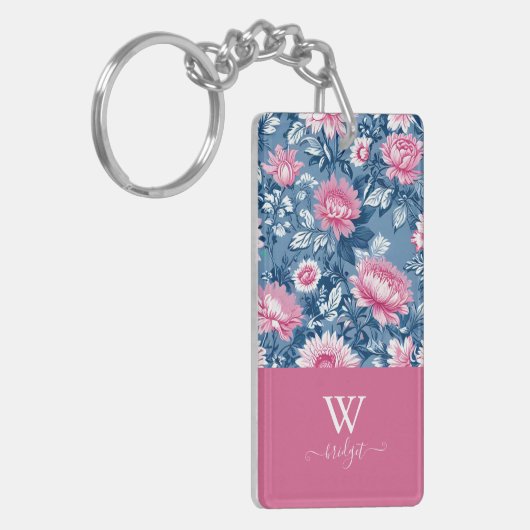 Porte-clés delft bleu & rose élégant Floral moderne (Devant gauche)