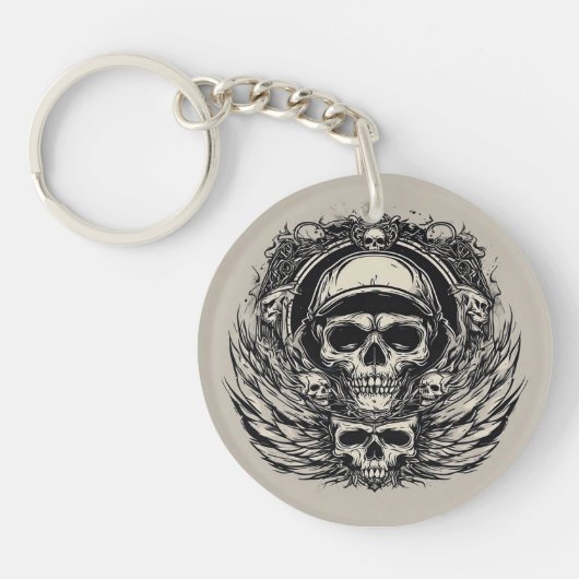 Porte-clés Design crâne avec ailes et symboles (Devant)