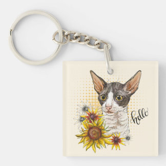 Porte-clés Dessin à la main Cornish Rex chat avec tournesol J