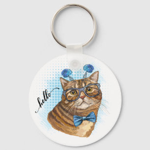 Porte-clés Dessin à la main drôle Tabby chat en lunettes Papi