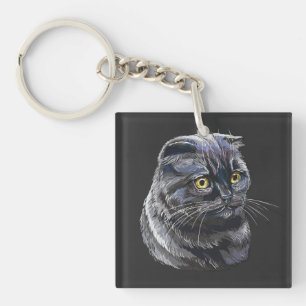 Porte-clés Dessin à la main d'un chat britannique noir drôle 