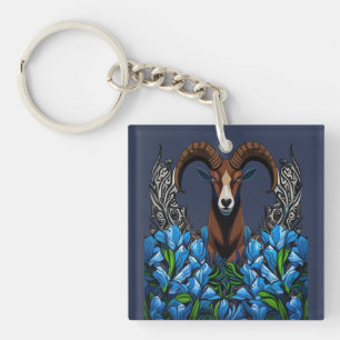 Porte-clés Dessin animé d'un mouflon à cornes avec le bleu du