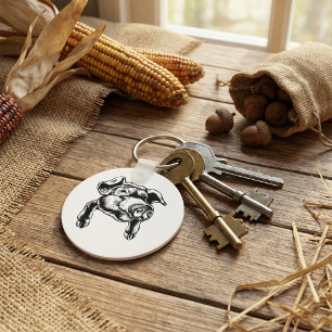 Porte-clés Dessin d'animal de ferme tête de porc en noir et b