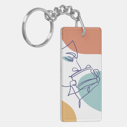 Porte-clés dessin d'art affiche d'une femme buvant du café (Devant gauche)