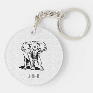 Porte-clés Dessin de ligne d'éléphant noir mignon monogramme