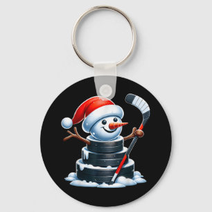 Porte-clés Dessin Hockey Sur Glace Puck Snowman Avec Santa Ha