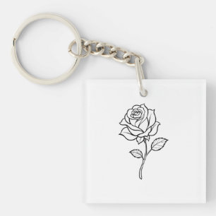 Porte-clés Dessin minimaliste de rose en ligne, design floral