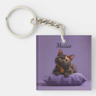 Porte-clés Dessin Tortoiseshell Kitten sur coussin pourpre
