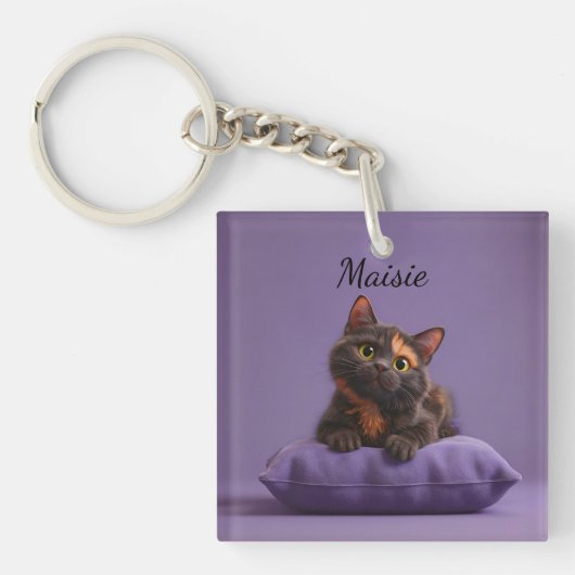 Porte-clés Dessin Tortoiseshell Kitten sur coussin pourpre (Devant)