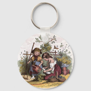 Porte-clés Dessin vintage : Filles dans le jardin végétarien