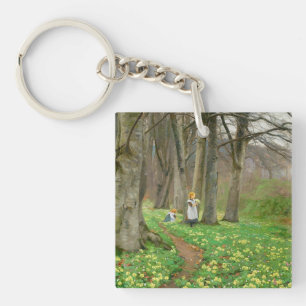 Porte-clés Deux filles cueillant des fleurs dans la forêt de
