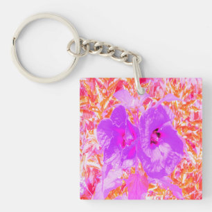 Porte-clés Deux Hibiscus de prune violet et rose chaud sur ro
