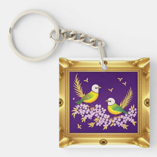 Porte-clés 🕊️ Deux Oiseaux Cadre Orné Doré Pour Cadeau Roman