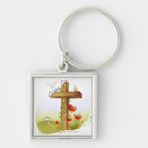 Porte-clés Deux oiseaux étant perché sur une croix