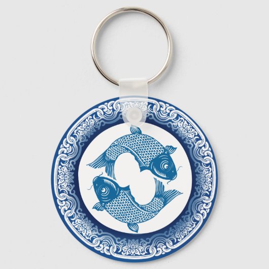 Porte-clés Deux Poissons Koi Carp Chinoiserie Motif bleu (Recto)