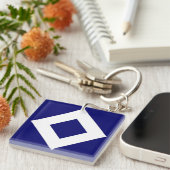 Porte-clés Diamant Bleu Profond, Bordure Blanche Gras (Devant Droit)