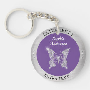 Porte-clés Diamond Butterfly, Silver Metal, nom/info, Purple