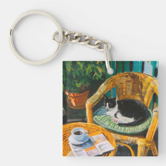 Porte-clés Dimanche matin | Peinture confortable pour chat et (Devant)