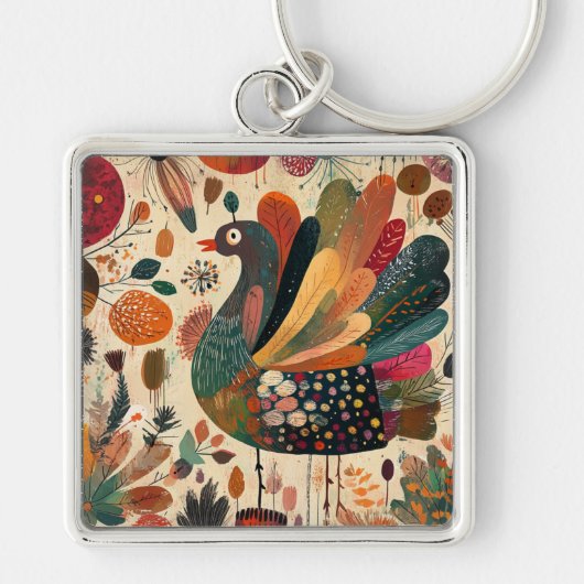 Porte-clés Dinde rétro boho patchwork d'automne (Devant)