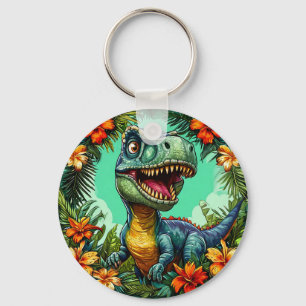 Porte-clés Dinosaure de dessin animé et fleurs tropicales vib