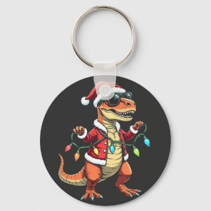 Porte-clés Dinosaure enveloppé de lumières de Noël Santa Hat