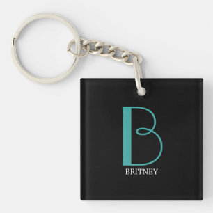 Porte-clés DIY Grand Monogramme & Nom, Texte Sarcelle/Blanc,