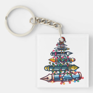 Porte-clés Don de l'enseignant de Noël réfléchi, stylo sapin