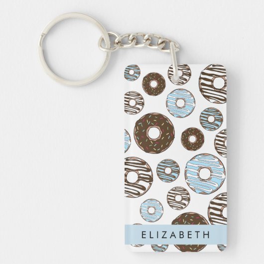 Porte-clés Donuts Bleus, Donuts Brown, Sprinkings, Votre Nom (Devant)