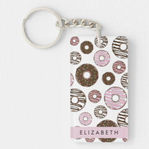 Porte-clés Donuts Roses, Donuts Brown, Sprinkings, Votre Nom